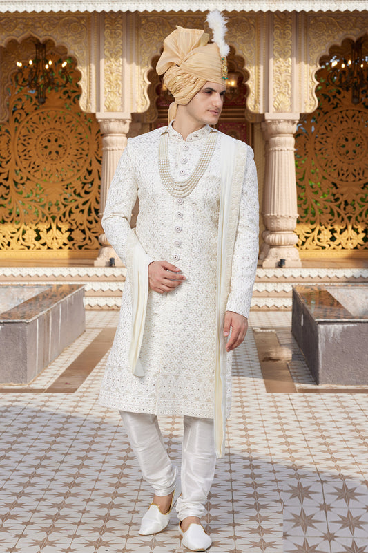 Cream Art Silk Sherwani for Men (NMK-8180) - Nihal Fashions