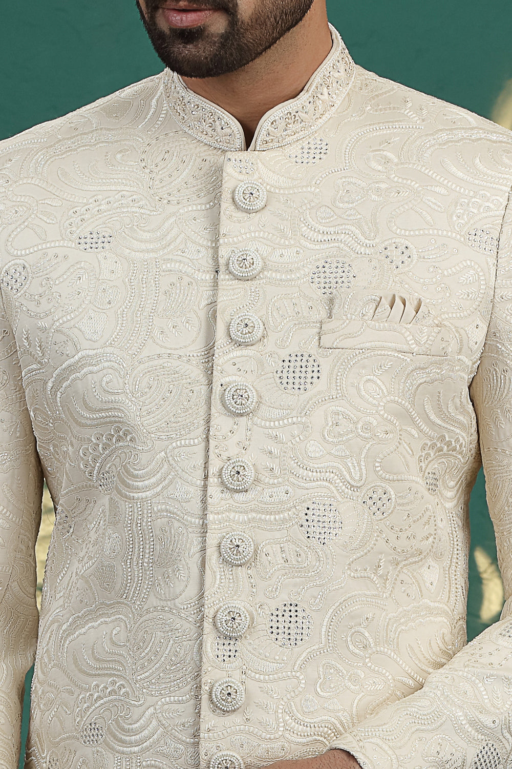 Cream Art Silk Sherwani for Men (NMK-8605) - Nihal Fashions