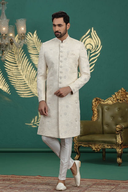 Cream Art Silk Sherwani for Men (NMK-8605) - Nihal Fashions