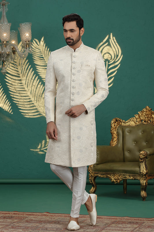 Cream Art Silk Sherwani for Men (NMK-8605) - Nihal Fashions