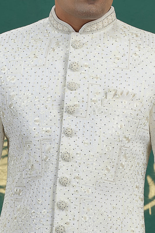 Cream Art Silk Sherwani for Men (NMK-8617) - Nihal Fashions