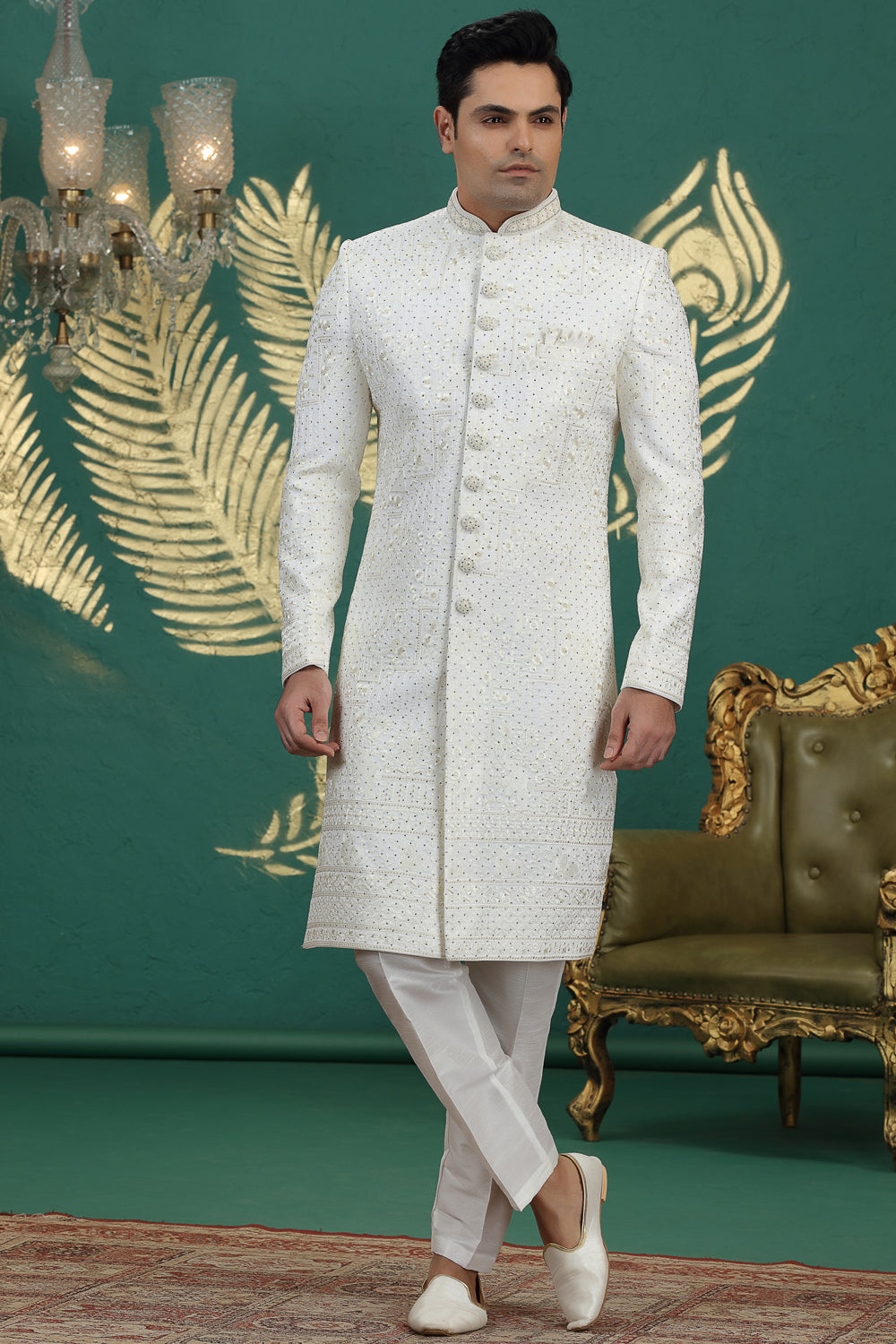 Cream Art Silk Sherwani for Men (NMK-8617) - Nihal Fashions