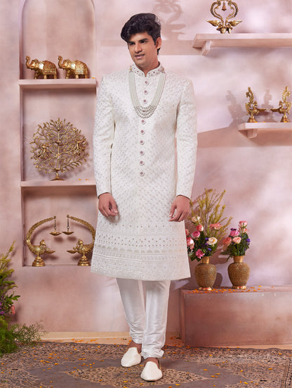 Cream Art Silk Sherwani for Men(NMK-8301) - Nihal Fashions