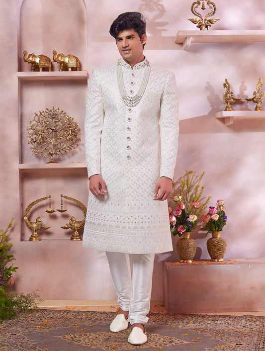 Cream Art Silk Sherwani for Men(NMK-8301) - Nihal Fashions