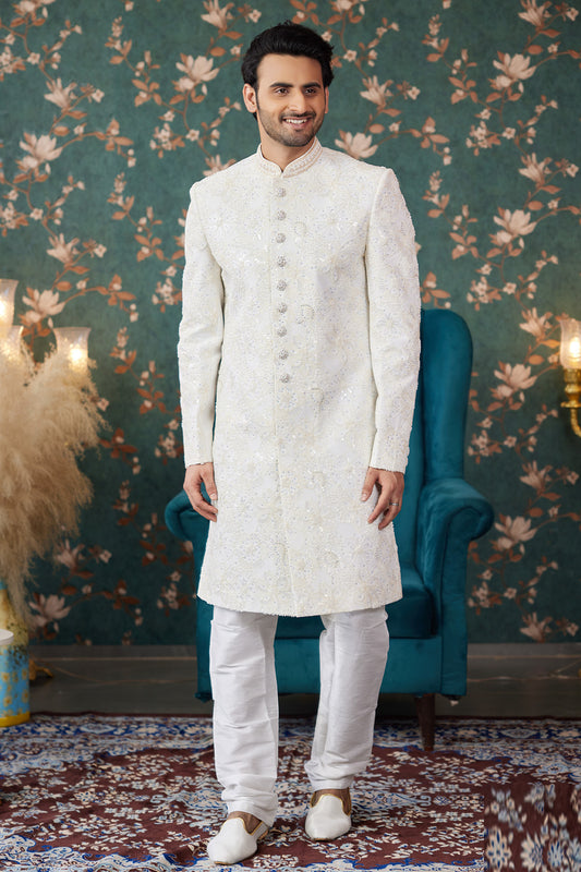 Cream Art Silk Sherwani for Wedding (NMK-8231) - Nihal Fashions