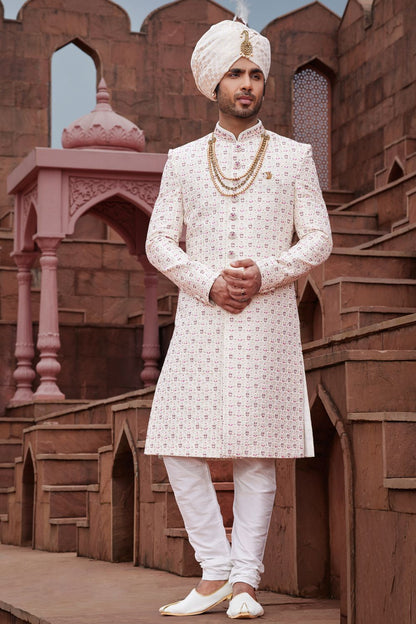 Cream Art Silk Wedding Mens Sherwani (NMK-7167) - Nihal Fashions