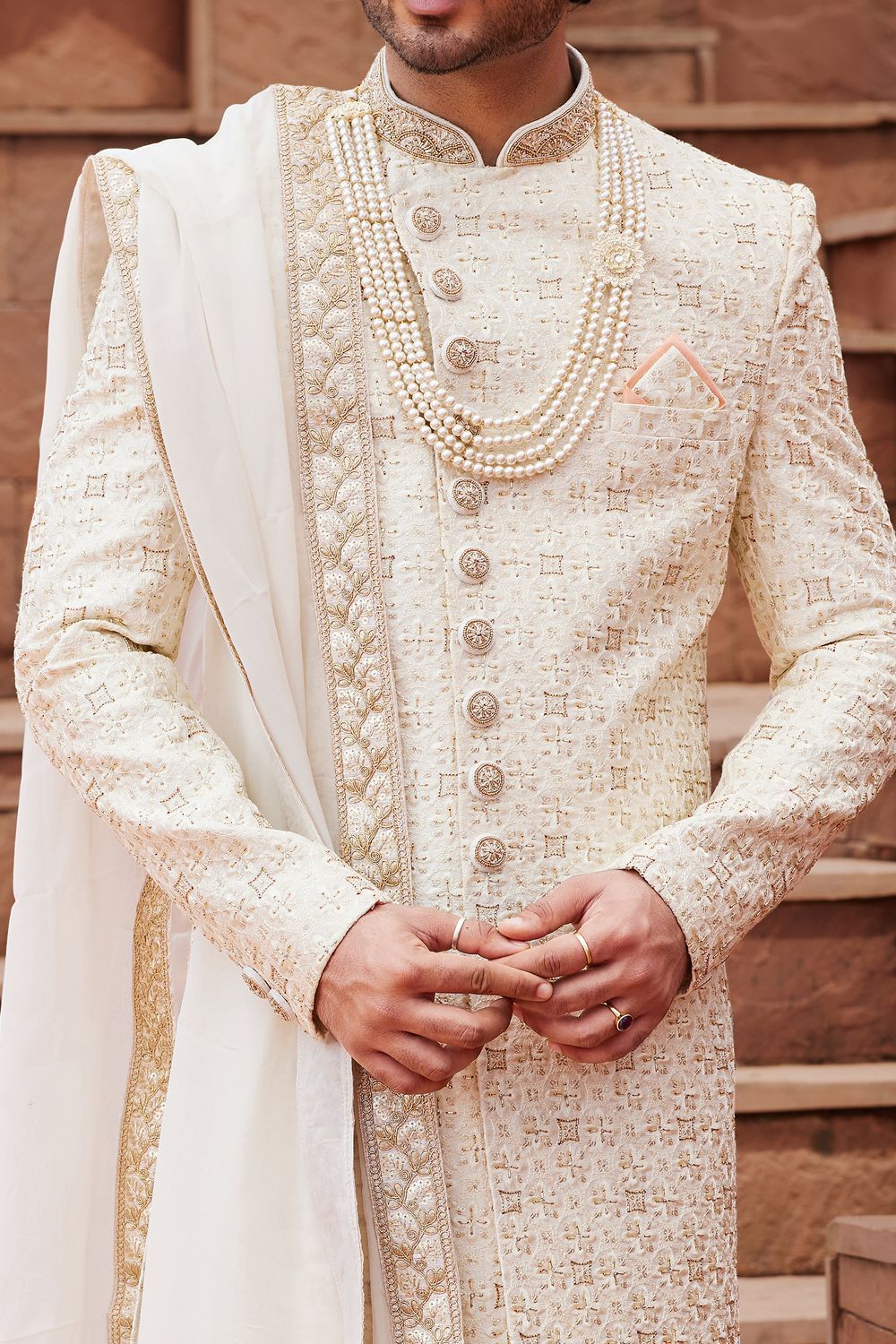 Cream Art Silk Wedding Sherwani (NMK-7165) - Nihal Fashions