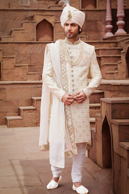 Cream Art Silk Wedding Sherwani (NMK-7165) - Nihal Fashions