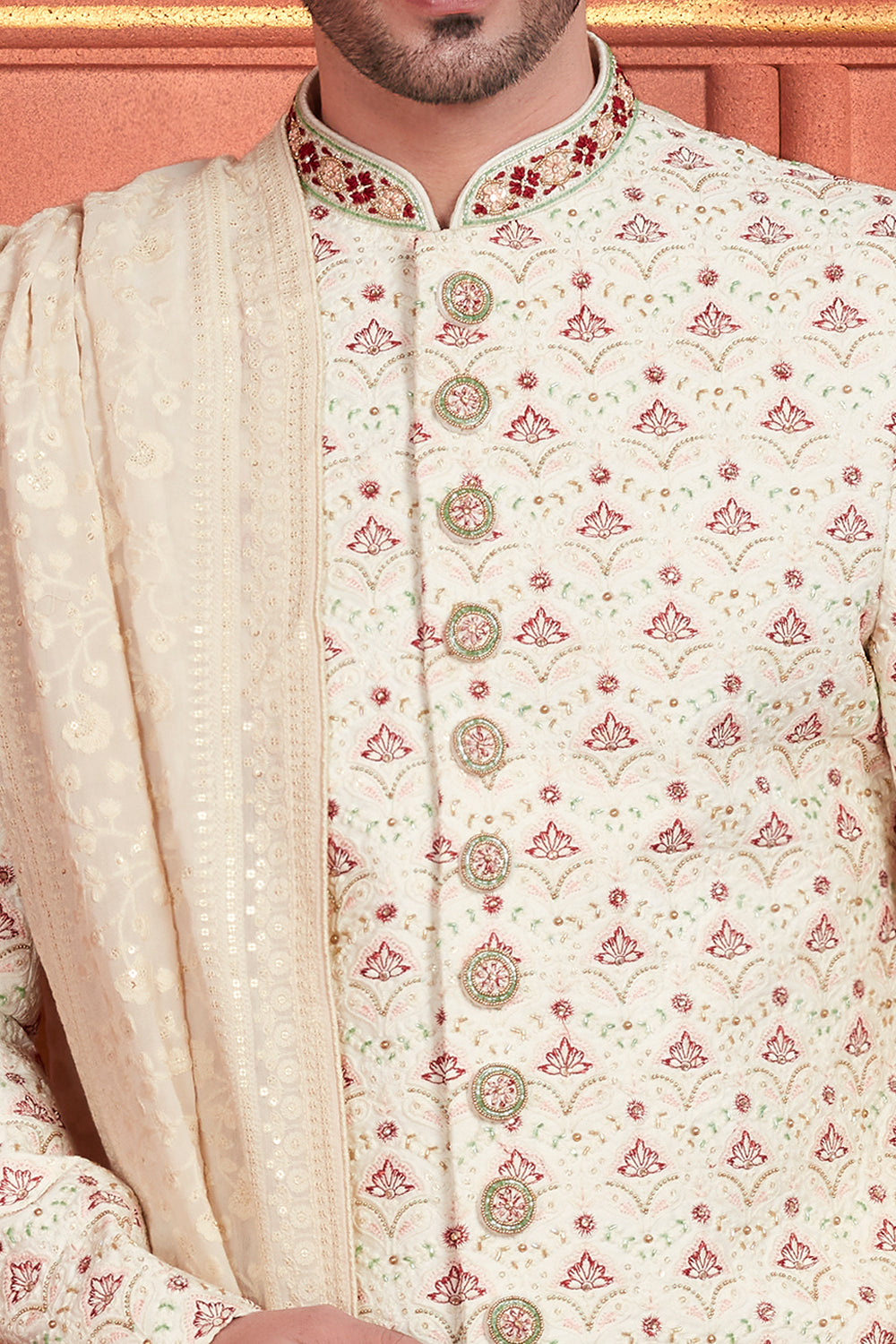 Cream Art Silk Wedding Sherwani (NMK-7884) - Nihal Fashions