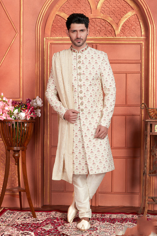 Cream Art Silk Wedding Sherwani (NMK-7884) - Nihal Fashions