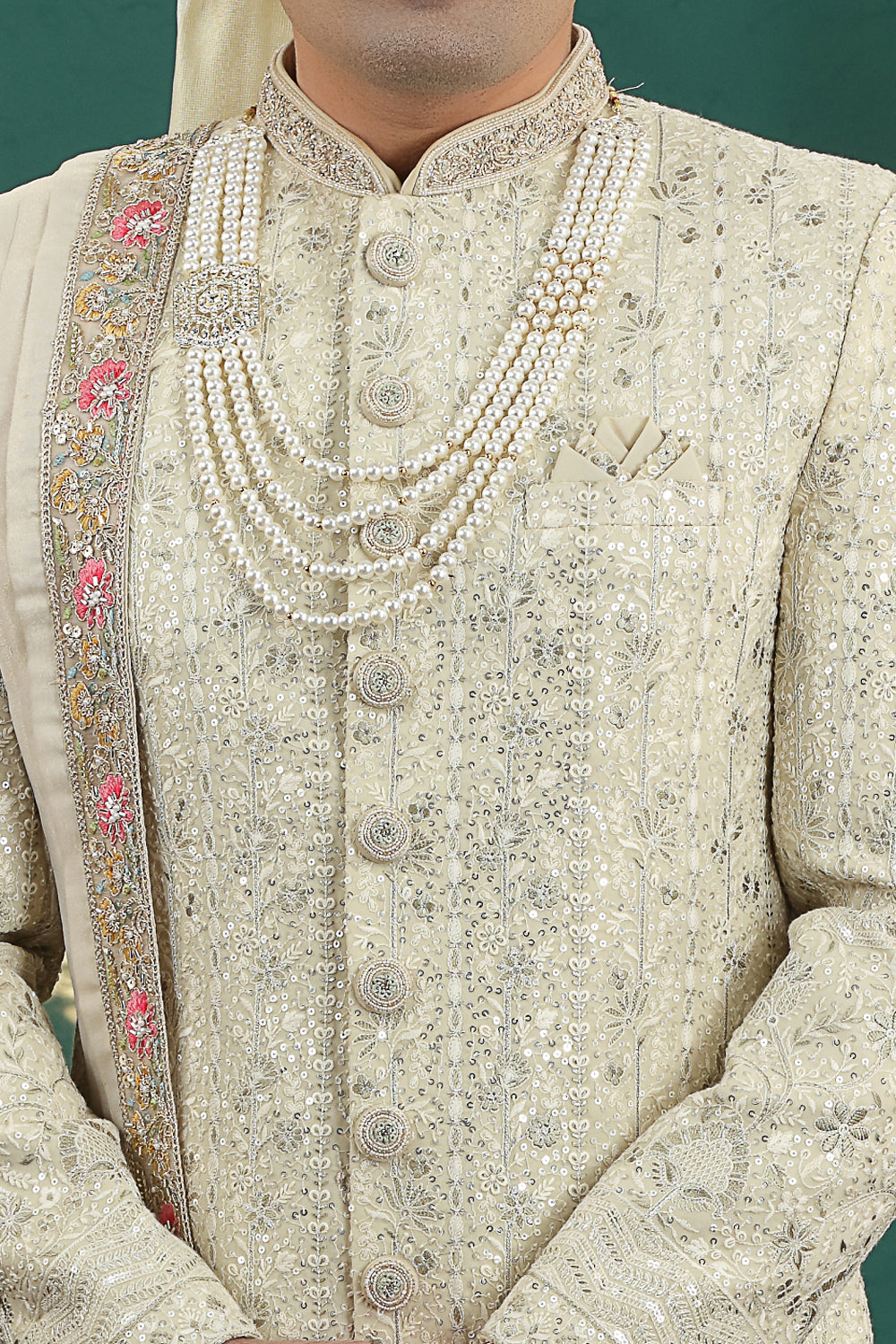 Cream Art Silk Wedding Sherwani (NMK-8596) - Nihal Fashions