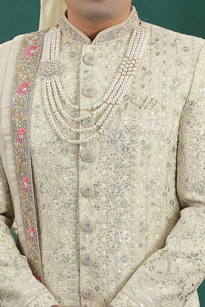 Cream Art Silk Wedding Sherwani (NMK-8596) - Nihal Fashions