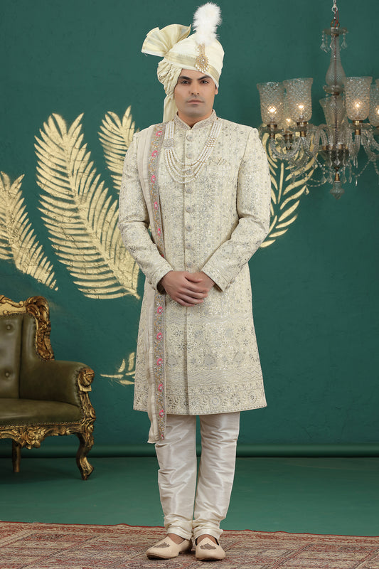 Cream Art Silk Wedding Sherwani (NMK-8596) - Nihal Fashions