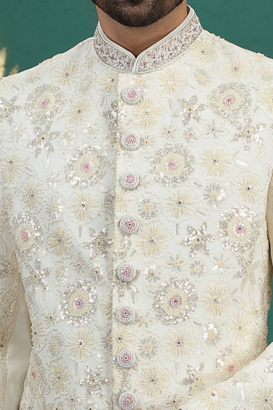 Cream Art Silk Wedding Sherwani (NMK-8600) - Nihal Fashions