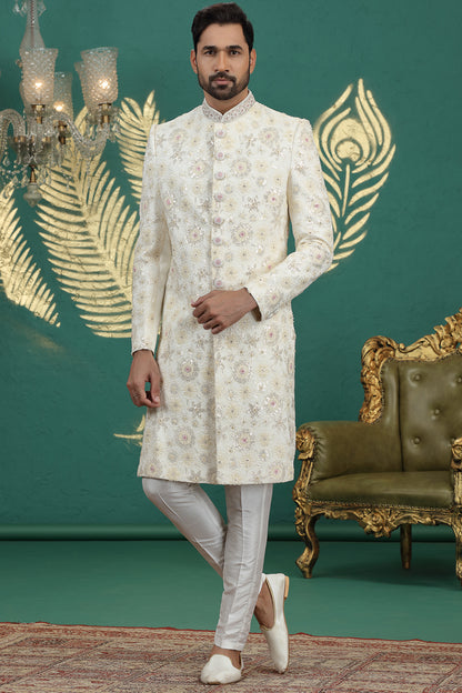 Cream Art Silk Wedding Sherwani (NMK-8600) - Nihal Fashions