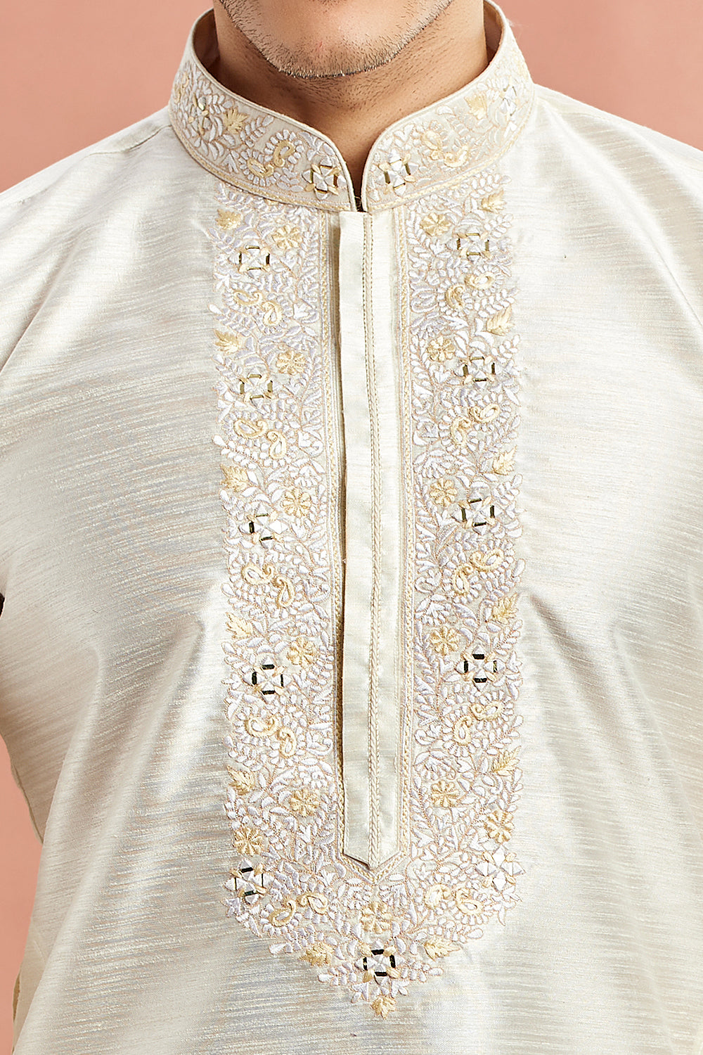 Cream Banarasi Art Silk Kurta Pajama (NMK-7929) - Nihal Fashions