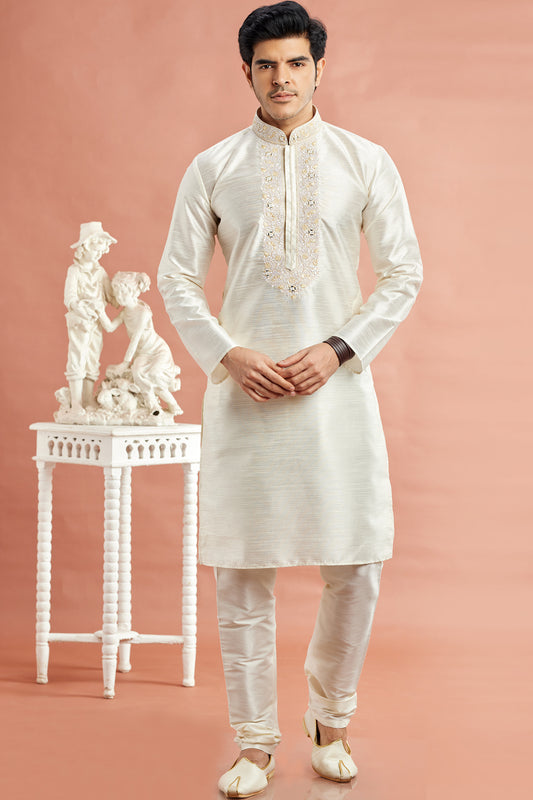 Cream Banarasi Art Silk Kurta Pajama (NMK-7929) - Nihal Fashions