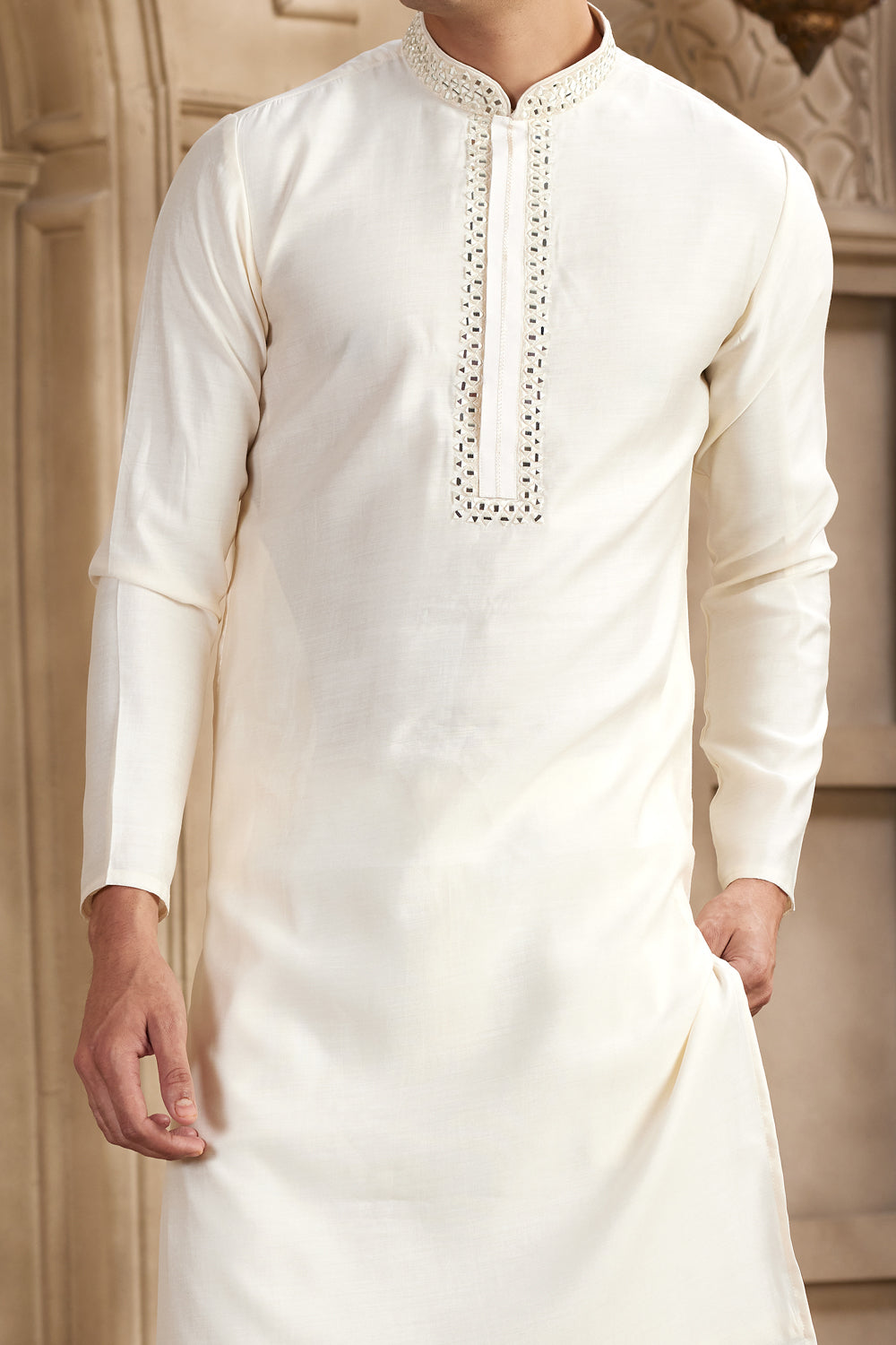 Cream Banarasi Art Silk Kurta Pajama (NMK-8478) - Nihal Fashions