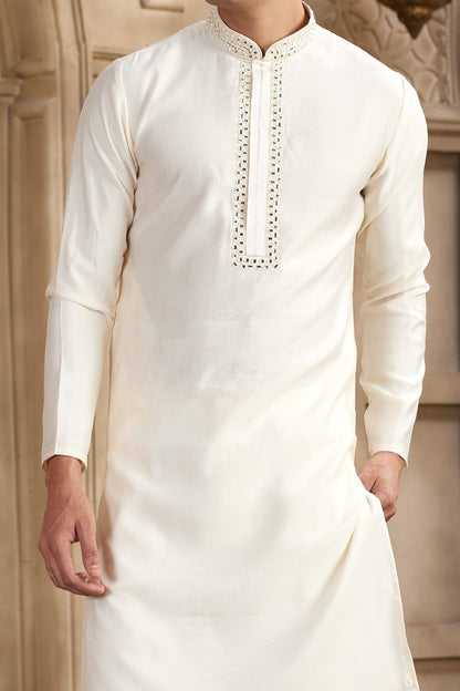 Cream Banarasi Art Silk Kurta Pajama (NMK-8478) - Nihal Fashions