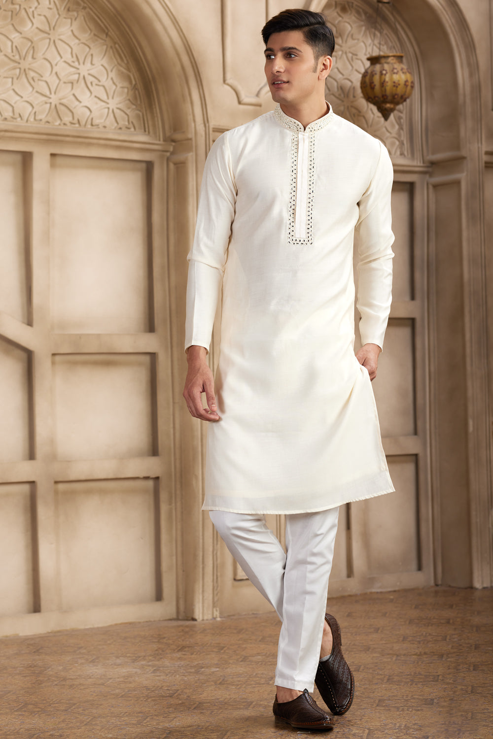 Cream Banarasi Art Silk Kurta Pajama (NMK-8478) - Nihal Fashions