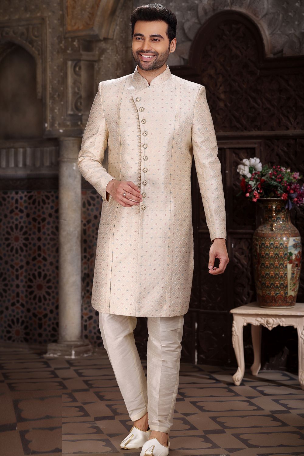 Cream Banarasi Jaquard Indo Western (NMK-6860) - Nihal Fashions