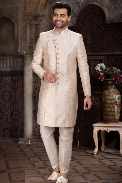 Cream Banarasi Jaquard Indo Western (NMK-6860) - Nihal Fashions