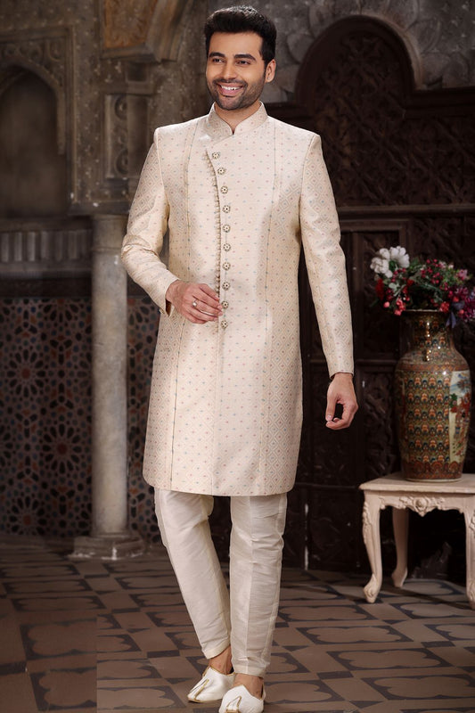 Cream Banarasi Jaquard Indo Western (NMK-6860) - Nihal Fashions