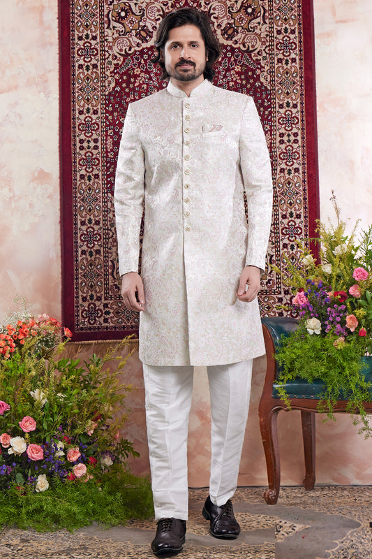 Cream Banarasi Jaquard Indo Western (NMK-8554) - Nihal Fashions