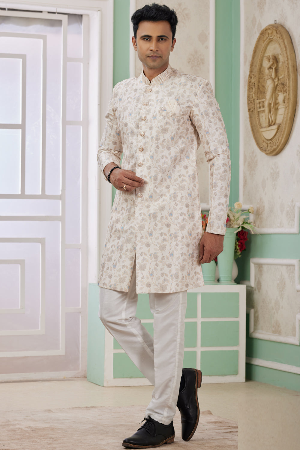 Cream Banarasi Jaquard Indo Western (NMK-8578) - Nihal Fashions