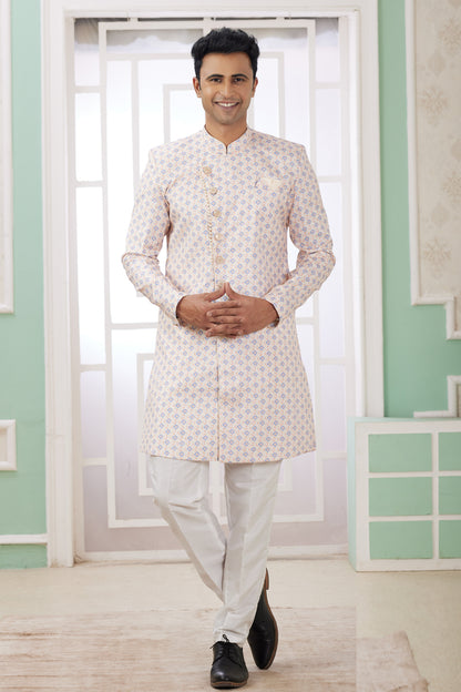 Cream Banarasi Jaquard Mens Indo Western (NMK-8581) - Nihal Fashions