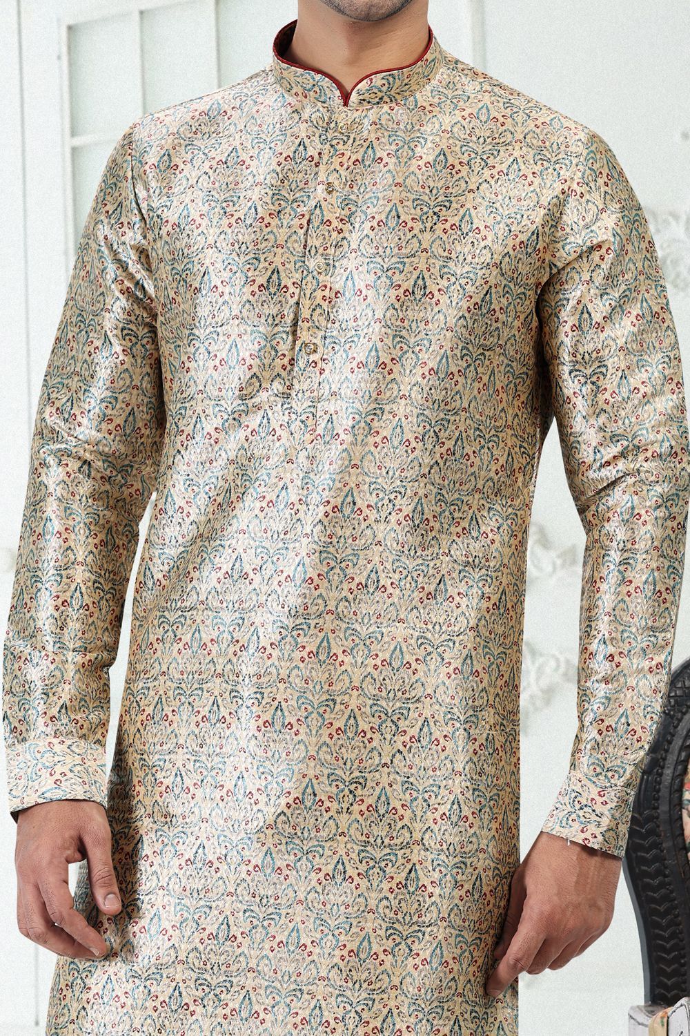 Cream Banarasi Silk Kurta Pajama (NMK-6706) - Nihal Fashions