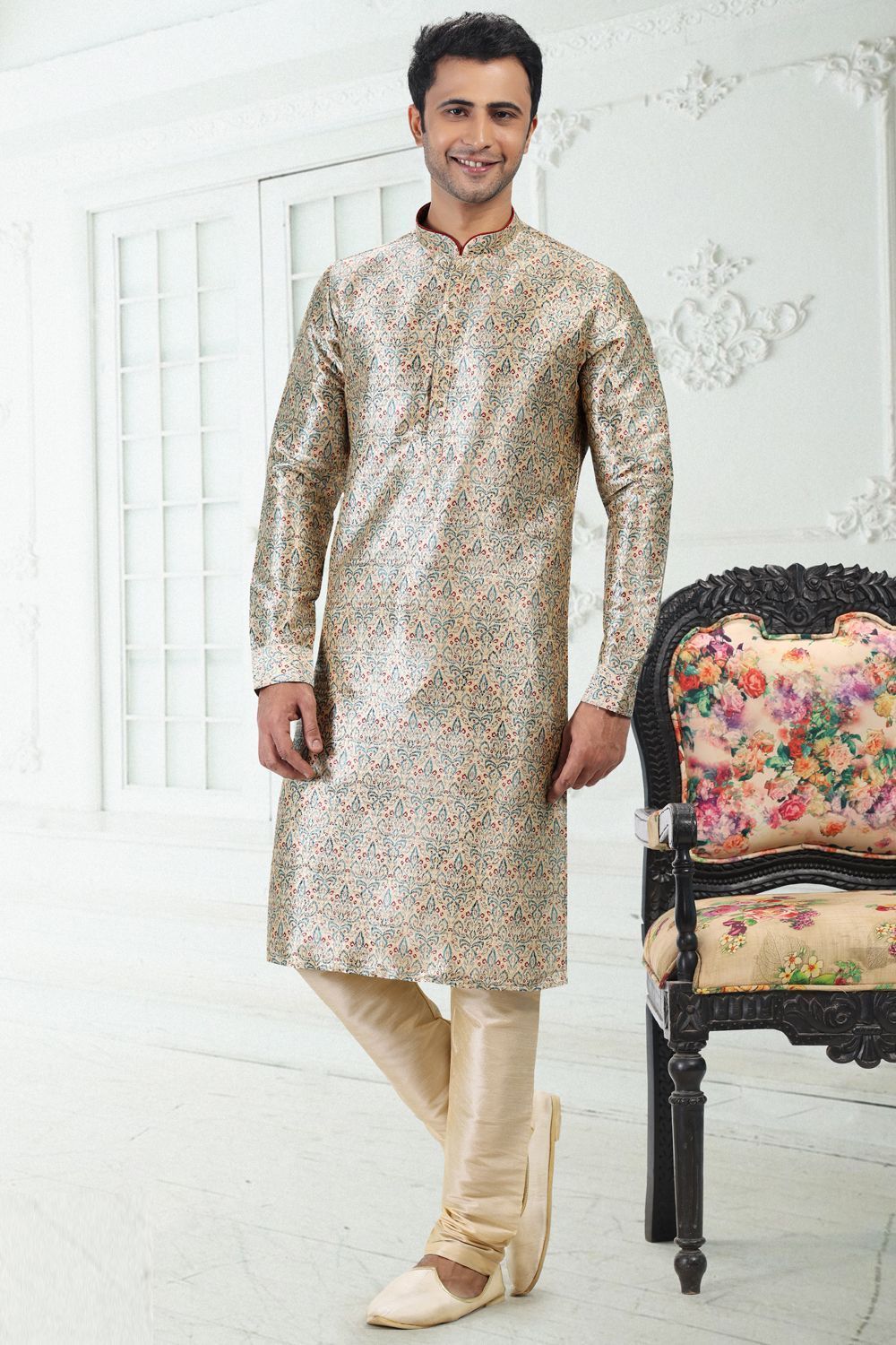 Cream Banarasi Silk Kurta Pajama (NMK-6706) - Nihal Fashions