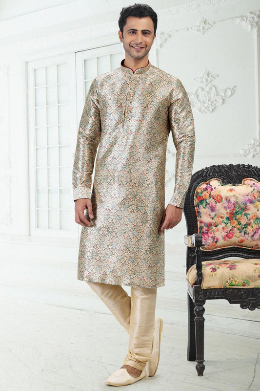 Cream Banarasi Silk Kurta Pajama (NMK-6706) - Nihal Fashions