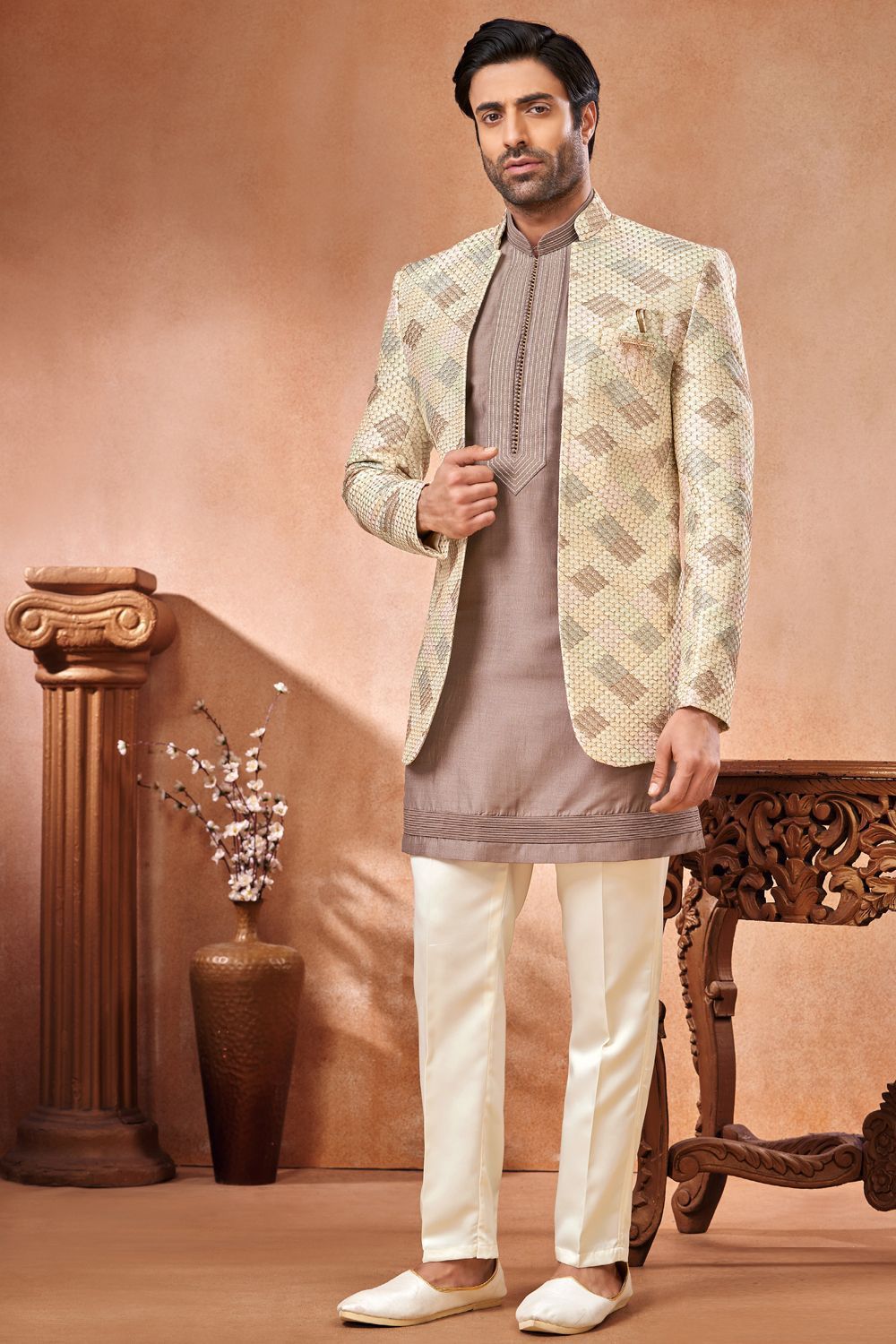 Cream Banarasi Silk Mens Jodhpuri (NMK-7263) - Nihal Fashions