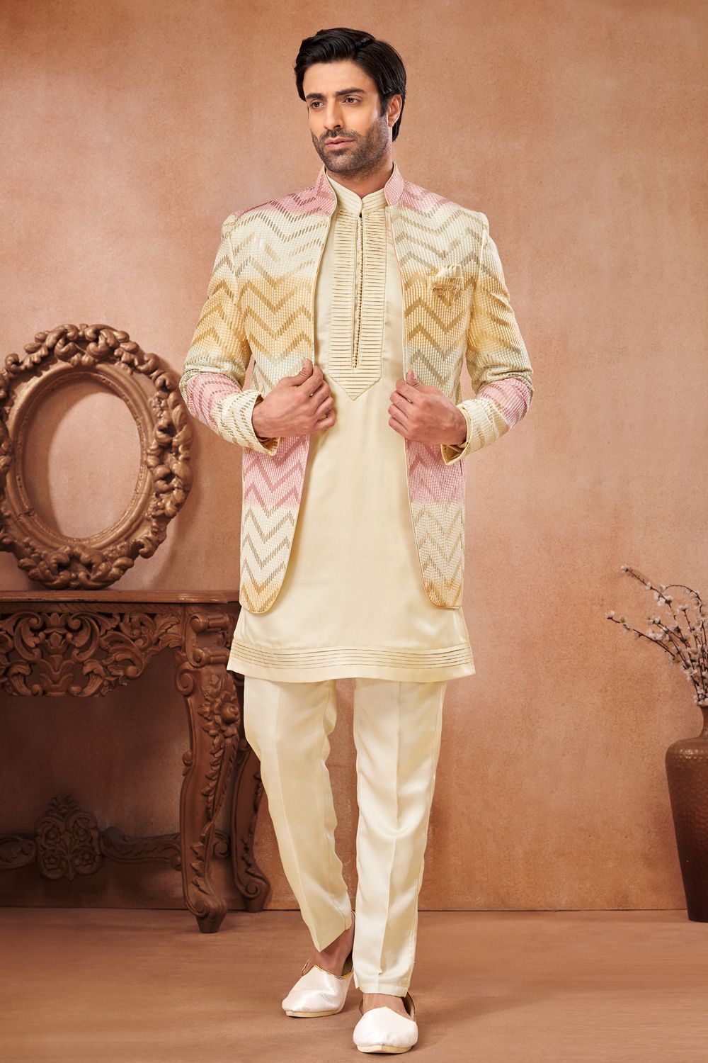 Cream Banarasi Silk Mens Jodhpuri (NMK-7271) - Nihal Fashions
