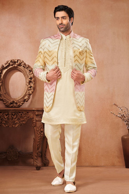 Cream Banarasi Silk Mens Jodhpuri (NMK-7271) - Nihal Fashions