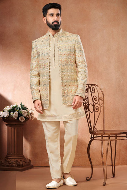 Cream Banarasi Silk Mens Jodhpuri (NMK-7274) - Nihal Fashions