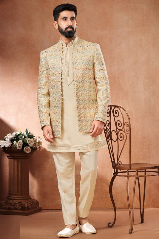 Cream Banarasi Silk Mens Jodhpuri (NMK-7274) - Nihal Fashions