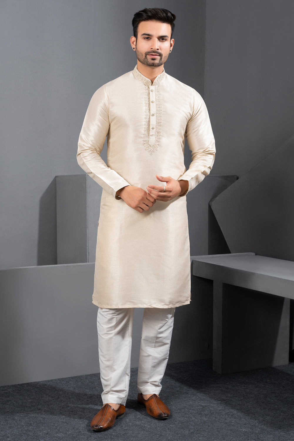 Cream Banglori Silk Kurta Pajama (NMK-8716) - Nihal Fashions