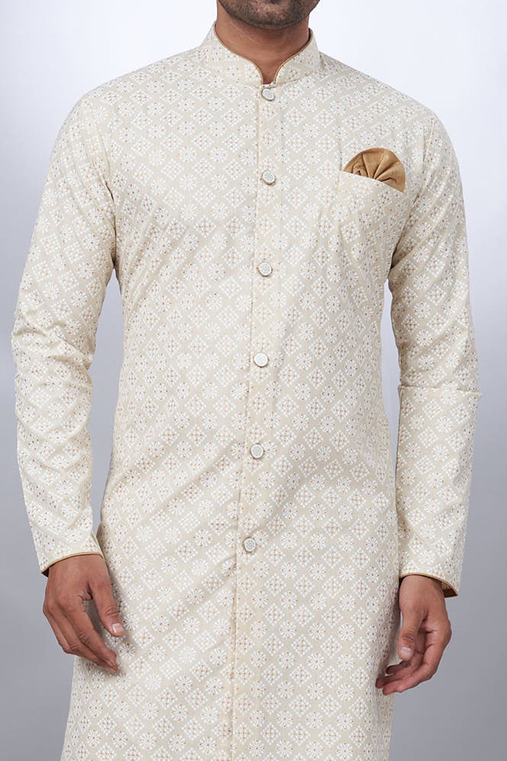 Cream Cotton Printed Mens Indo Western (NMK-6928) - Nihal Fashions