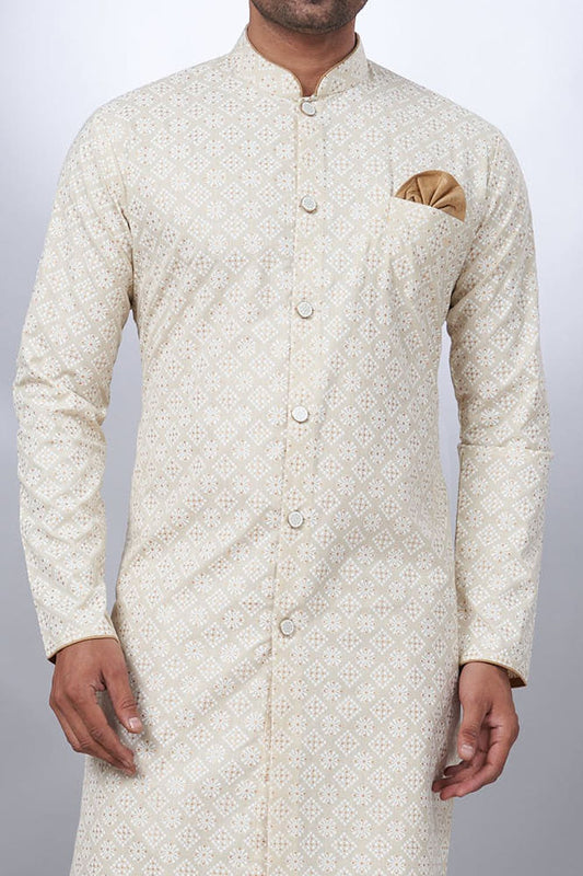 Cream Cotton Printed Mens Indo Western (NMK-6928) - Nihal Fashions