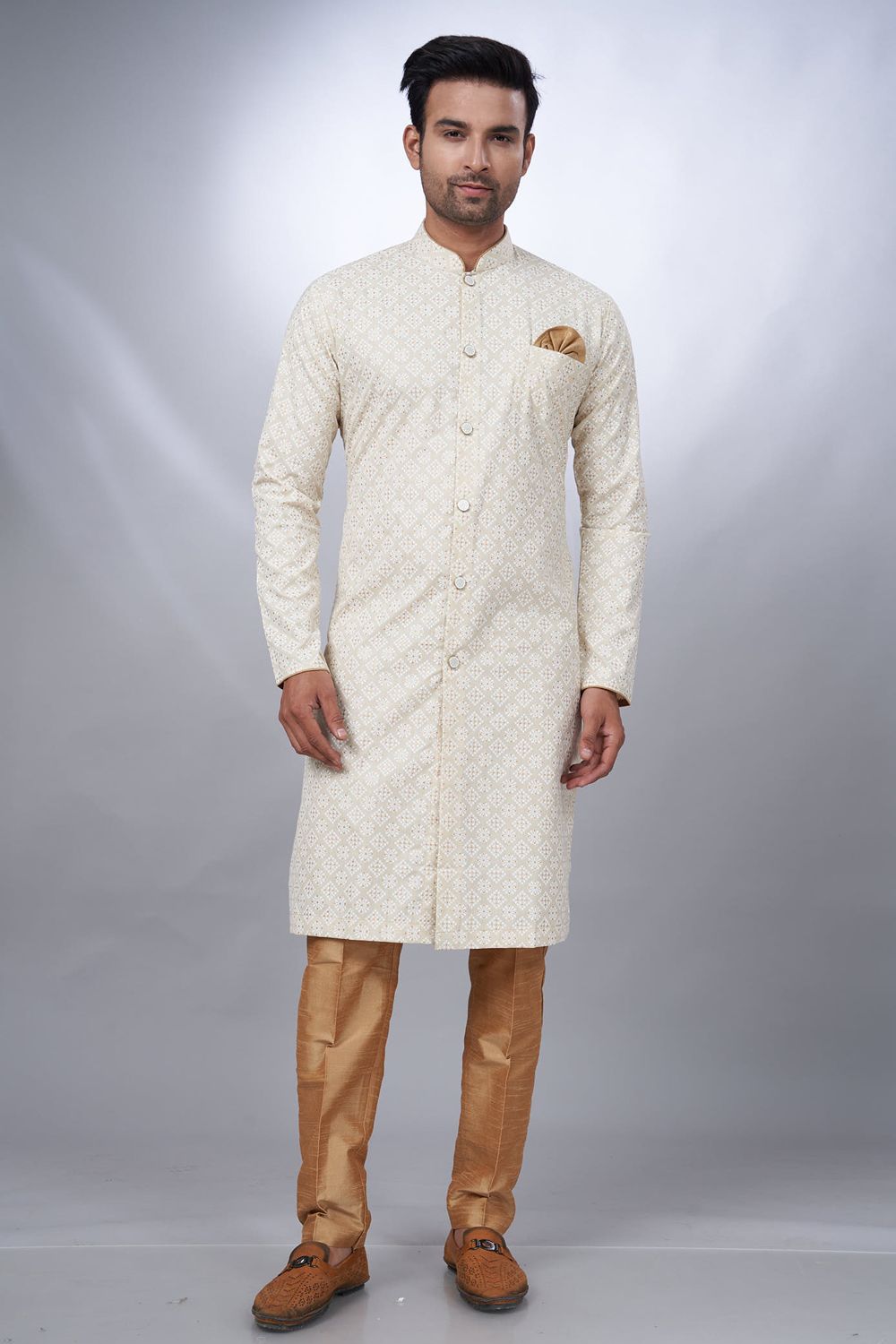 Cream Cotton Printed Mens Indo Western (NMK-6928) - Nihal Fashions
