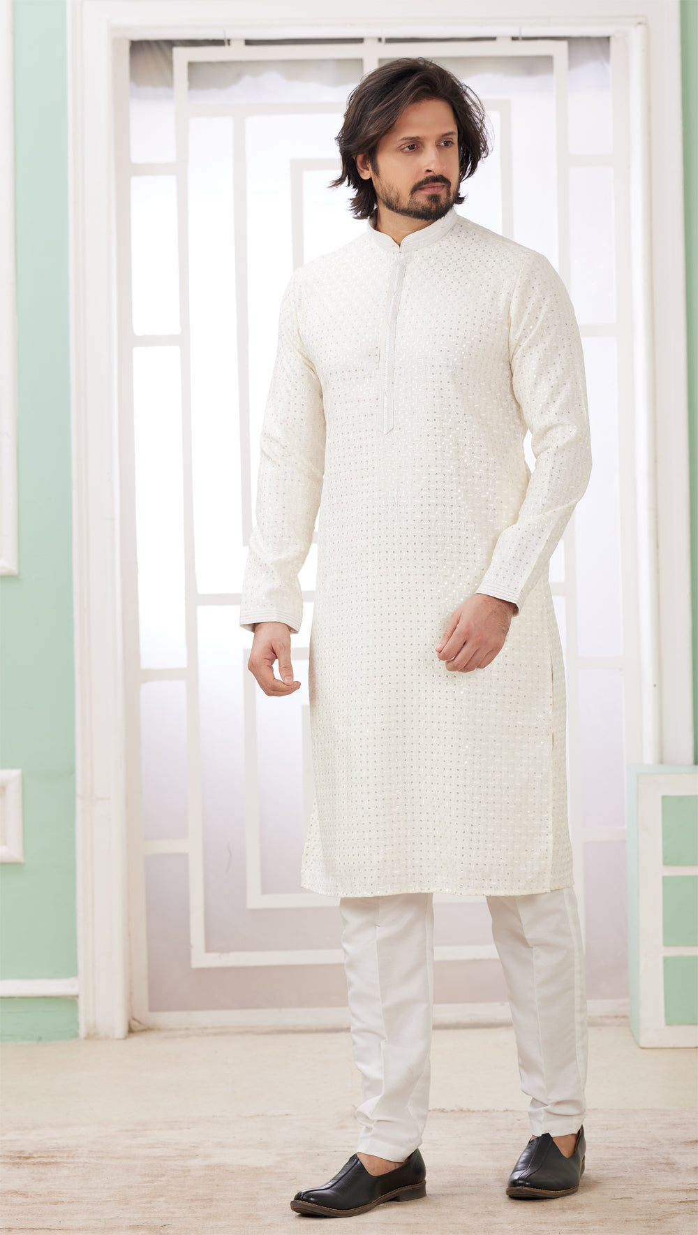 Cream Embroidered Art Silk Kurta Pajama (NMK-8349) - Nihal Fashions