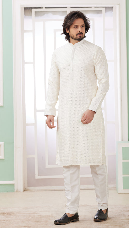 Cream Embroidered Art Silk Kurta Pajama (NMK-8349) - Nihal Fashions