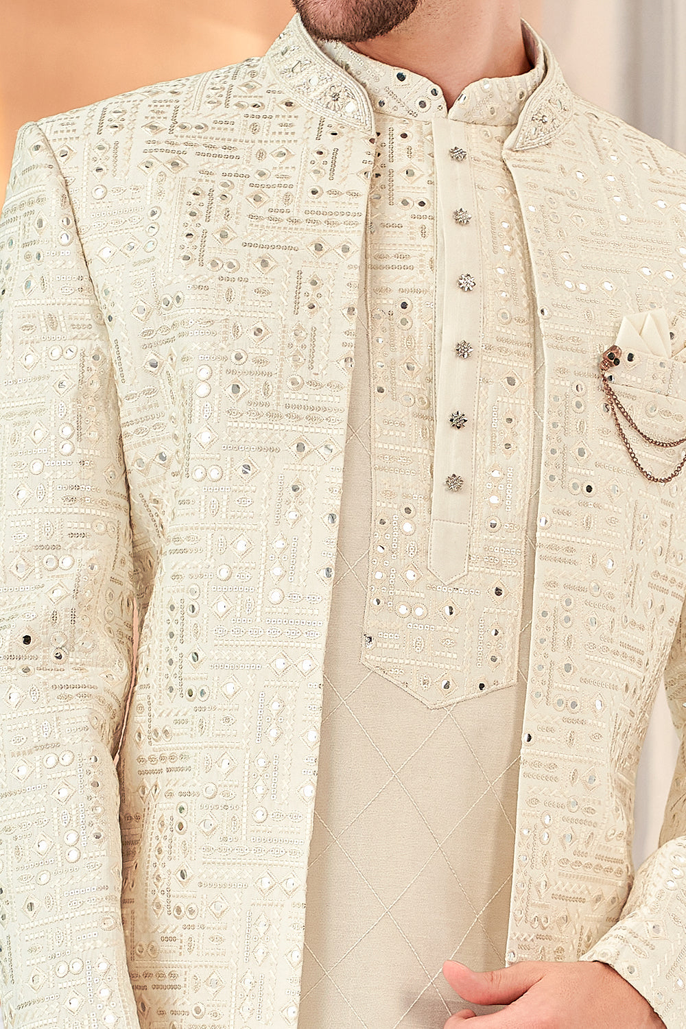 Cream Embroidered Silk Indo Western (NMK-8539) - Nihal Fashions