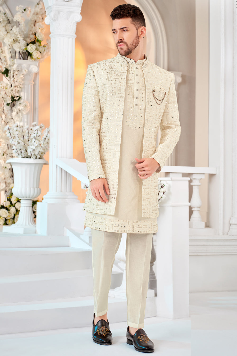 Cream Embroidered Silk Indo Western (NMK-8539) - Nihal Fashions