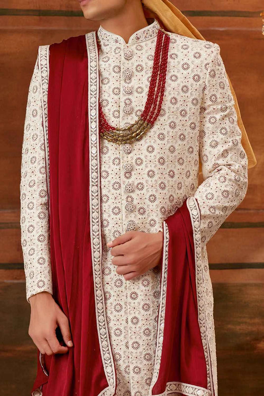 Cream Georgette Grooms Sherwani (NMK-6390)
