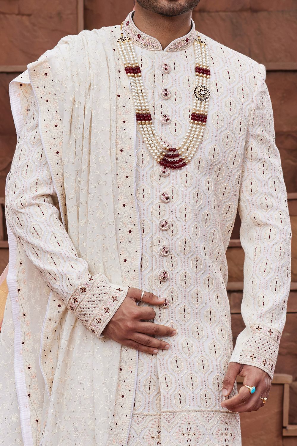 Cream Georgette Indian Sherwani for Men (NMK-7155) - Nihal Fashions