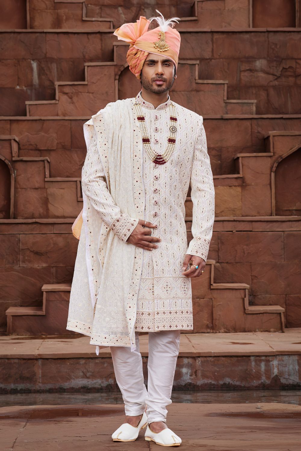 Cream Georgette Indian Sherwani for Men (NMK-7155) - Nihal Fashions