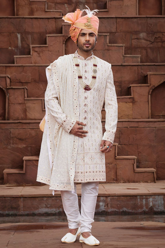 Cream Georgette Indian Sherwani for Men (NMK-7155) - Nihal Fashions